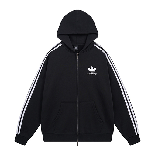 Balenciaga X Adidas クローバー3ストライプロゴ刺繍ジップアップカーディガンパーカー