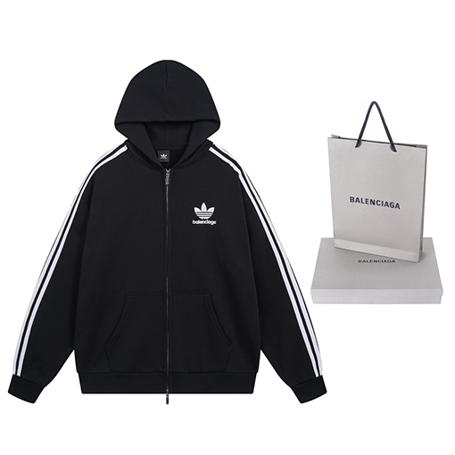 Balenciaga X Adidas クローバー3ストライプロゴ刺繍ジップアップカーディガンパーカー