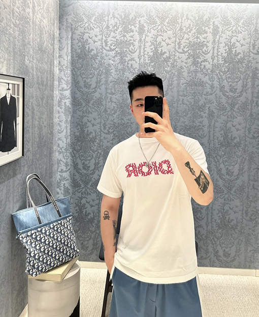 ディオールコピー ビーチコレクションコーラルレッドプリント半袖Tシャツ