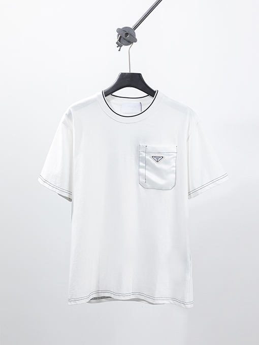 プラダコピー 新しい2色のポケットライン金属三角マーク半袖Tシャツ