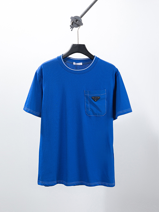プラダコピー 新しい2色のポケットライン金属三角マーク半袖Tシャツ