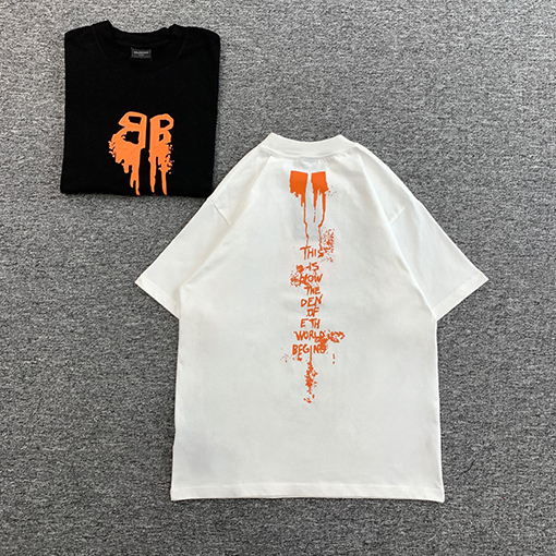 バレンシアガ 新しいオレンジ色のロゴ発泡前後に印刷された涙の鬼符半袖Tシャツ