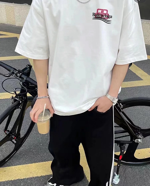 バレンシアガコピー ピンクのダブルBロックウェーブ前後プリント半袖Tシャツ
