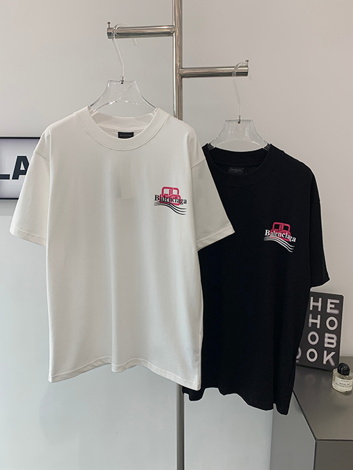 バレンシアガコピー ピンクのダブルBロックウェーブ前後プリント半袖Tシャツ