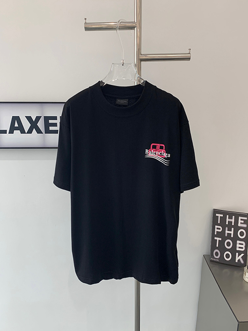 バレンシアガコピー ピンクのダブルBロックウェーブ前後プリント半袖Tシャツ