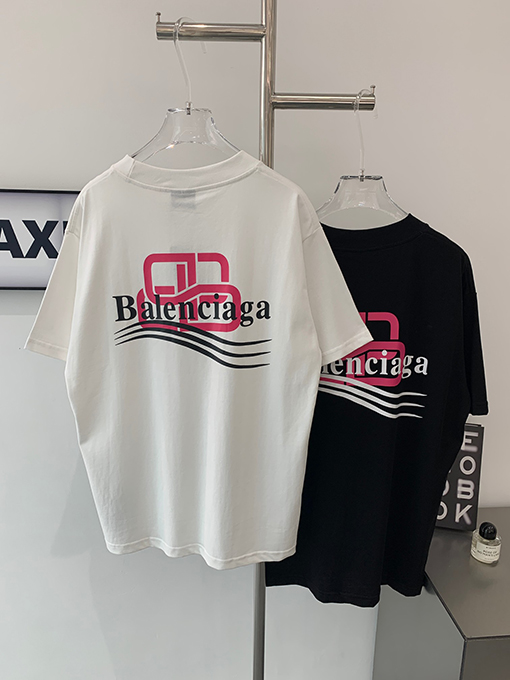 バレンシアガコピー ピンクのダブルBロックウェーブ前後プリント半袖Tシャツ