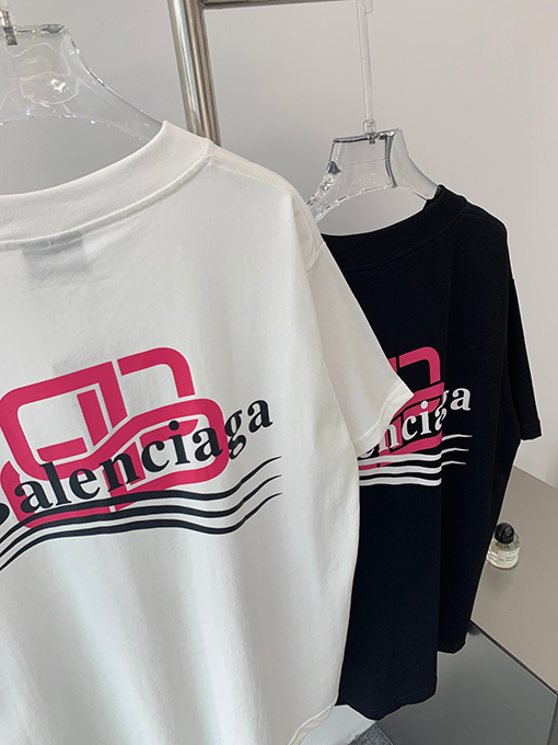 バレンシアガコピー ピンクのダブルBロックウェーブ前後プリント半袖Tシャツ