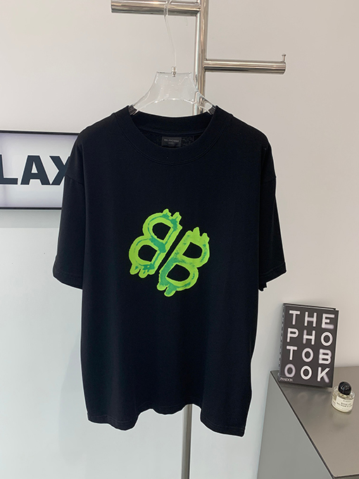 バレンシアガ グリーンダブルBロック前後プリント半袖Tシャツ