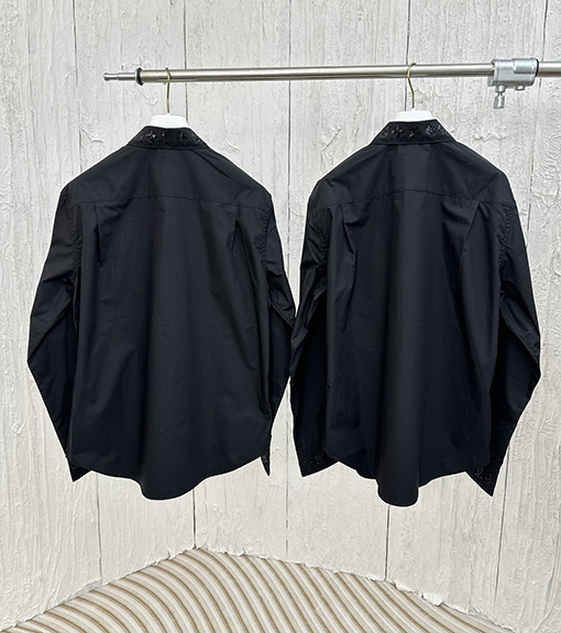 ルイヴィトンスーパーコピー 新しい黒い綿糸混紡スパンコール刺繍長袖シャツ