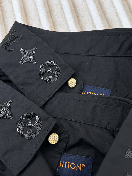 ルイヴィトンスーパーコピー 新しい黒い綿糸混紡スパンコール刺繍長袖シャツ