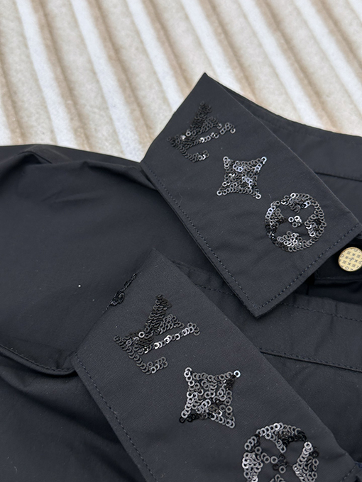 ルイヴィトンスーパーコピー 新しい黒い綿糸混紡スパンコール刺繍長袖シャツ