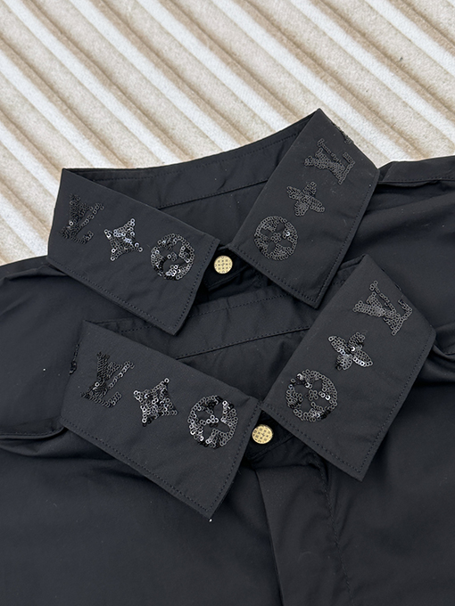 ルイヴィトンスーパーコピー 新しい黒い綿糸混紡スパンコール刺繍長袖シャツ