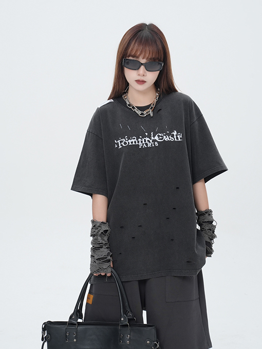 マルタンマルジェラ 水を洗って塩を炒める前に刺繍プリント半袖Tシャツ