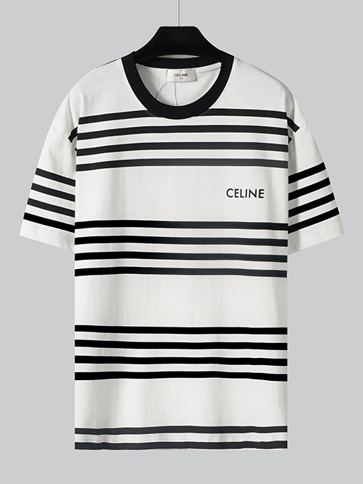 セリーヌスーパーコピー   胸にシルクスクリーンプリントストライプニット半袖Tシャツ