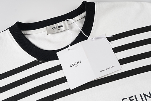 セリーヌスーパーコピー   胸にシルクスクリーンプリントストライプニット半袖Tシャツ