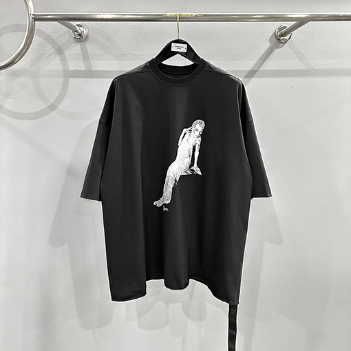 リックオウエンス ダークニュープリントマーメイドウォッシュカーリング半袖Tシャツ