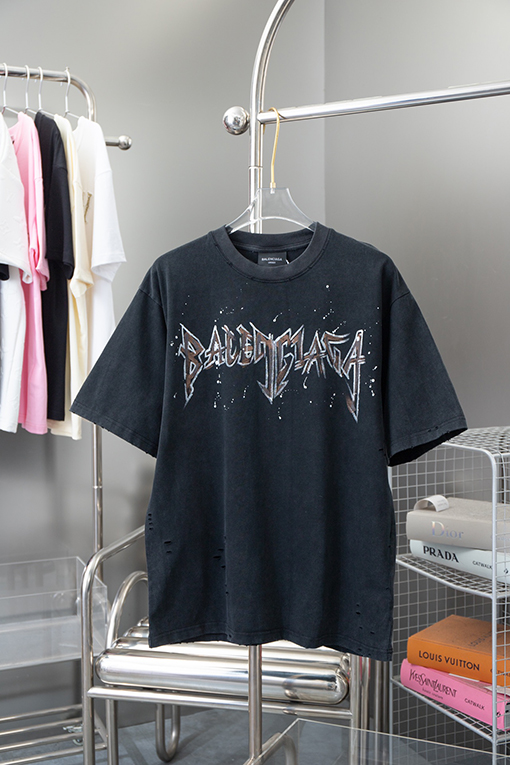 バレンシアガ    サンプルロゴ壊れた起毛クルーネック半袖Tシャツ