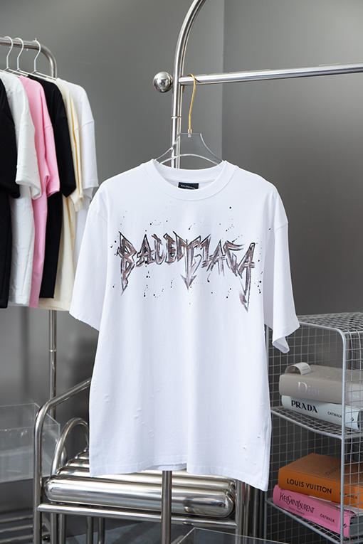 バレンシアガ    サンプルロゴ壊れた起毛クルーネック半袖Tシャツ