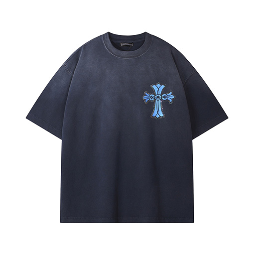 クロムハーツコピー  ウォッシュスプレー馬クラフトホットドリルロゴ半袖Tシャツ