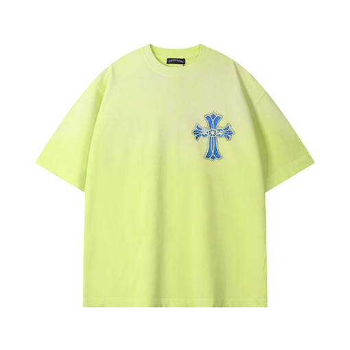 クロムハーツコピー  ウォッシュスプレー馬クラフトホットドリルロゴ半袖Tシャツ