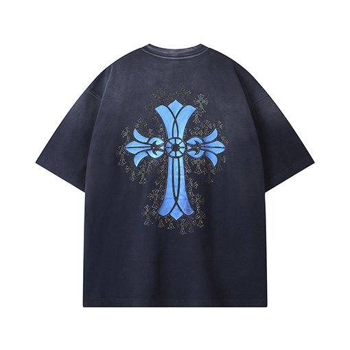 クロムハーツコピー  ウォッシュスプレー馬クラフトホットドリルロゴ半袖Tシャツ