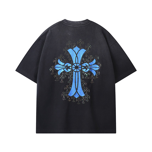 クロムハーツコピー  ウォッシュスプレー馬クラフトホットドリルロゴ半袖Tシャツ