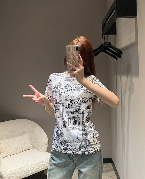 ディオール  クラシックなレトロな水墨画フルプリント半袖Tシャツ