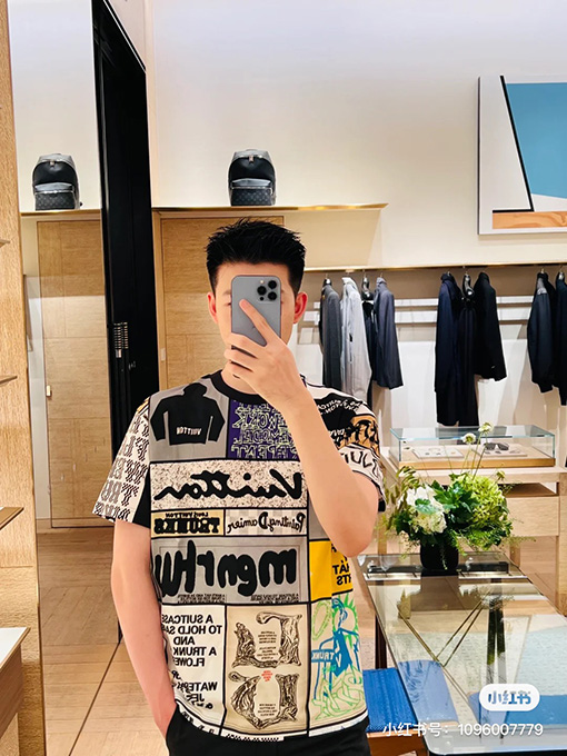 ルイヴィトン  パターンステッチ漫画チェック柄半袖Tシャツ
