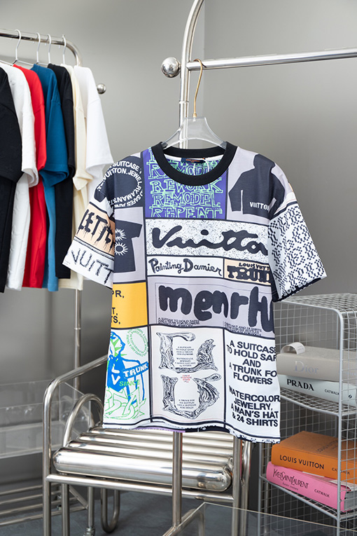 ルイヴィトン  パターンステッチ漫画チェック柄半袖Tシャツ