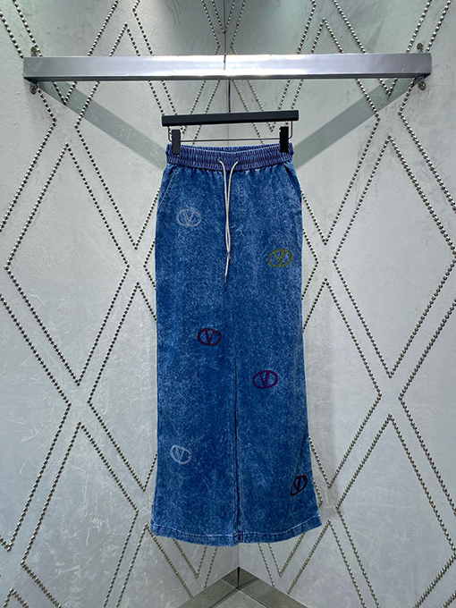 ヴァレンティノ 新しい染めロゴ刺繍ハイウエスト垂れ感ストレートパンツ紐カジュアルジーンズ