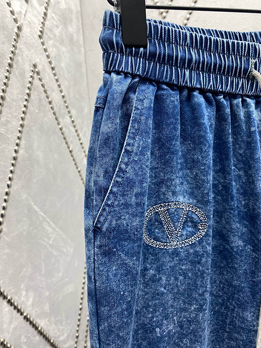 ヴァレンティノ 新しい染めロゴ刺繍ハイウエスト垂れ感ストレートパンツ紐カジュアルジーンズ