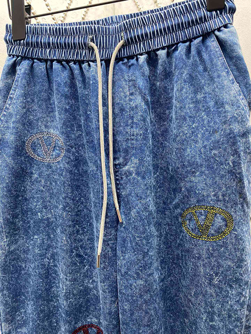 ヴァレンティノ 新しい染めロゴ刺繍ハイウエスト垂れ感ストレートパンツ紐カジュアルジーンズ
