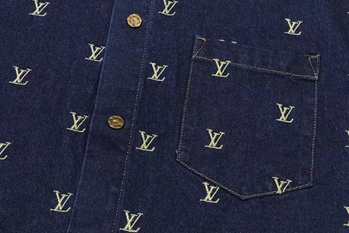 ルイヴィトン ファッションゴールド文字ロゴ刺繍デニム半袖シャツ