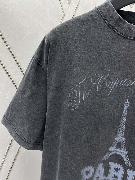 バレンシアガ 新しい鉄塔アルファベットウォッシュ古いプリントTシャツ