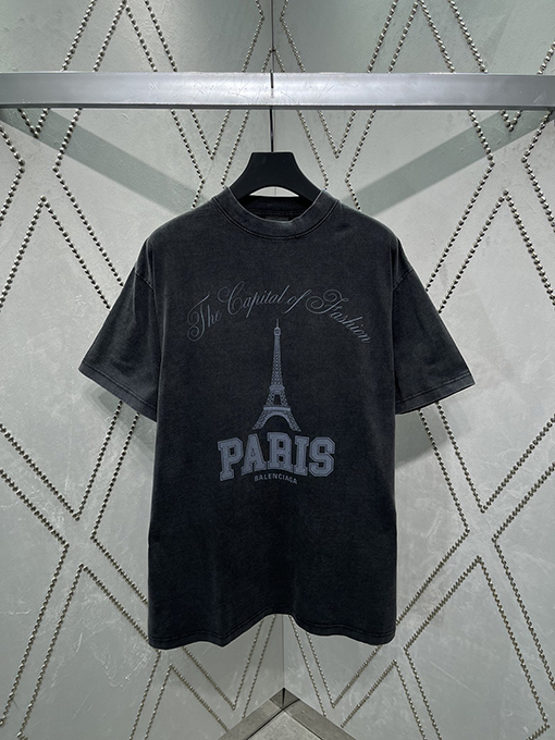 バレンシアガ 新しい鉄塔アルファベットウォッシュ古いプリントTシャツ