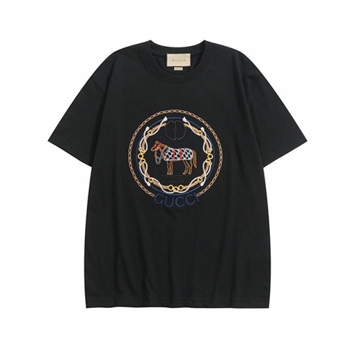 グッチ フロントロゴ刺繍馬プリント半袖Tシャツ