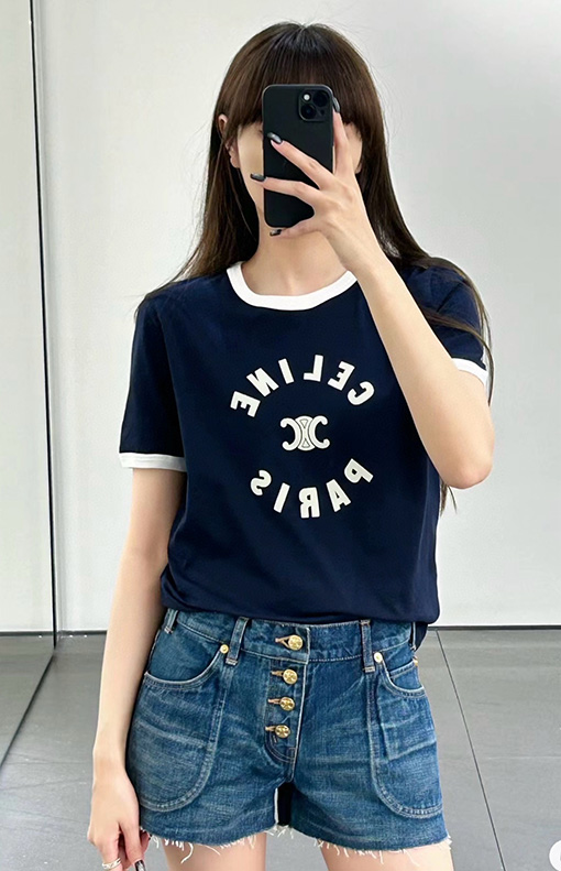 セリーヌスーパーコピー コントラストカラーのクルーネック半袖Tシャツ