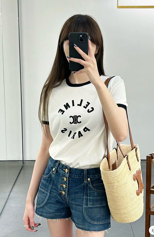 セリーヌスーパーコピー コントラストカラーのクルーネック半袖Tシャツ
