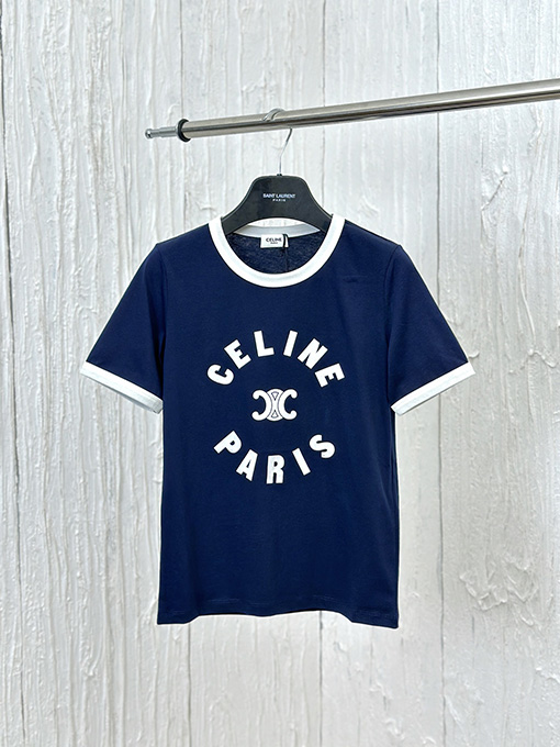 セリーヌスーパーコピー コントラストカラーのクルーネック半袖Tシャツ