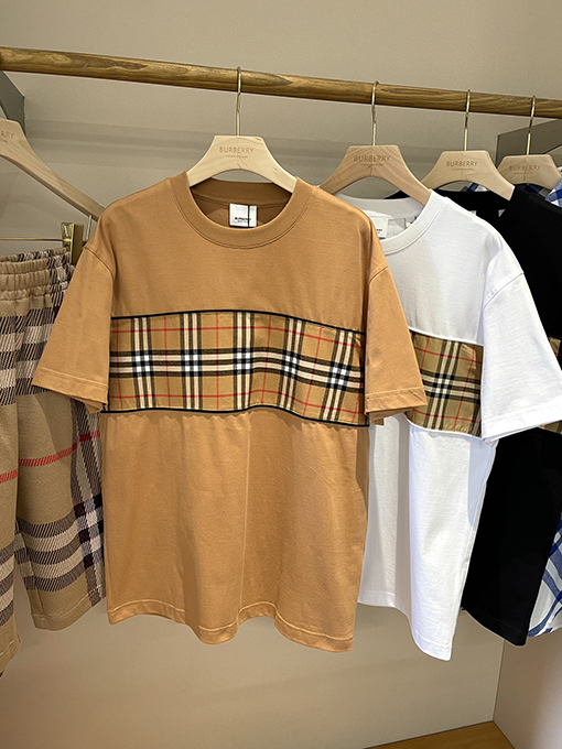バーバリーコピー  チェック柄パッチワークコットン半袖Tシャツ