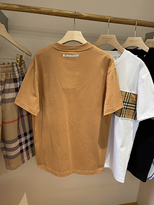 バーバリーコピー  チェック柄パッチワークコットン半袖Tシャツ