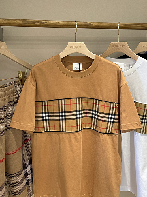 バーバリーコピー  チェック柄パッチワークコットン半袖Tシャツ