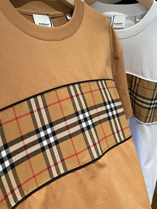 バーバリーコピー  チェック柄パッチワークコットン半袖Tシャツ