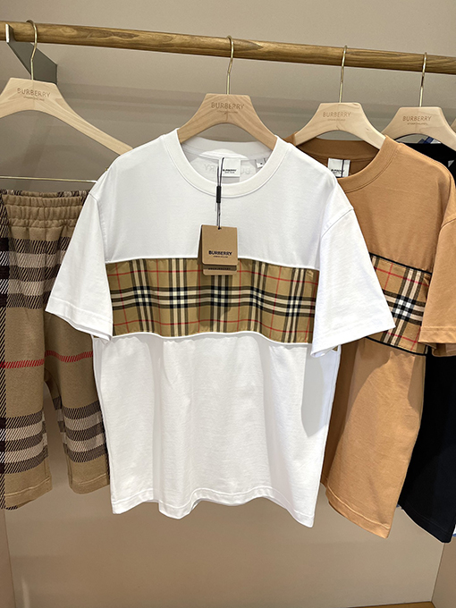 バーバリーコピー  チェック柄パッチワークコットン半袖Tシャツ