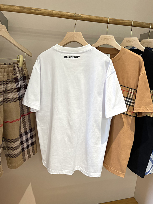 バーバリーコピー  チェック柄パッチワークコットン半袖Tシャツ