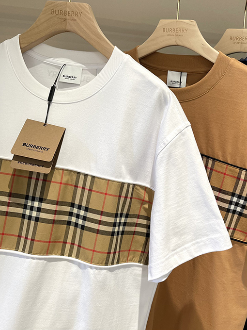バーバリーコピー  チェック柄パッチワークコットン半袖Tシャツ