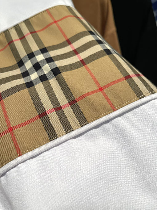 バーバリーコピー  チェック柄パッチワークコットン半袖Tシャツ