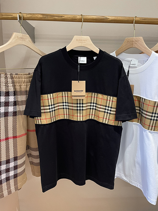バーバリーコピー  チェック柄パッチワークコットン半袖Tシャツ