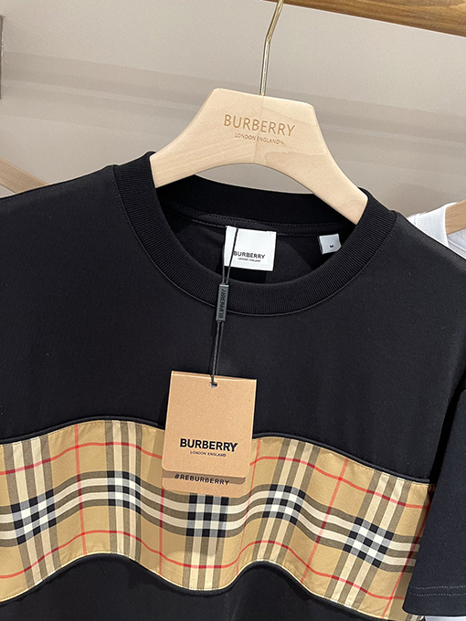 バーバリーコピー  チェック柄パッチワークコットン半袖Tシャツ