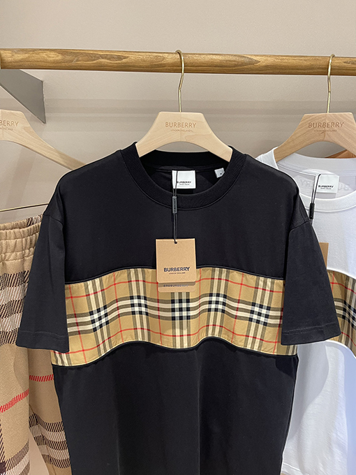 バーバリーコピー  チェック柄パッチワークコットン半袖Tシャツ
